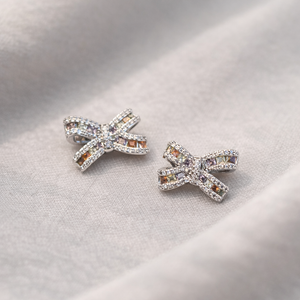SIlver Rainbow Zirconia Spark Bow Earrings