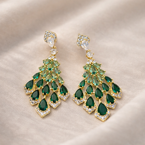 Gilded Emerald & Mint Crystal Waterfall Chandeliers