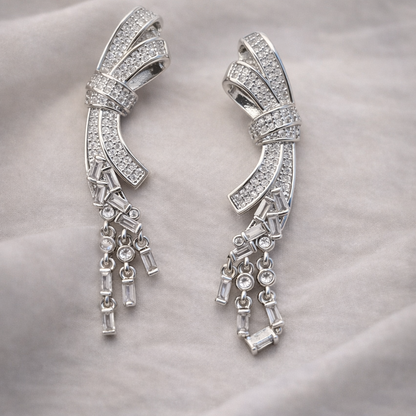 Crystal Long Ribbon Bow Silver Tassel Earrings