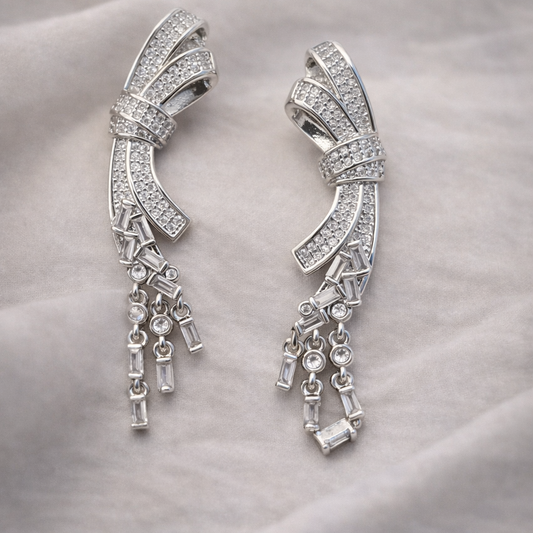 Crystal Long Ribbon Bow Silver Tassel Earrings