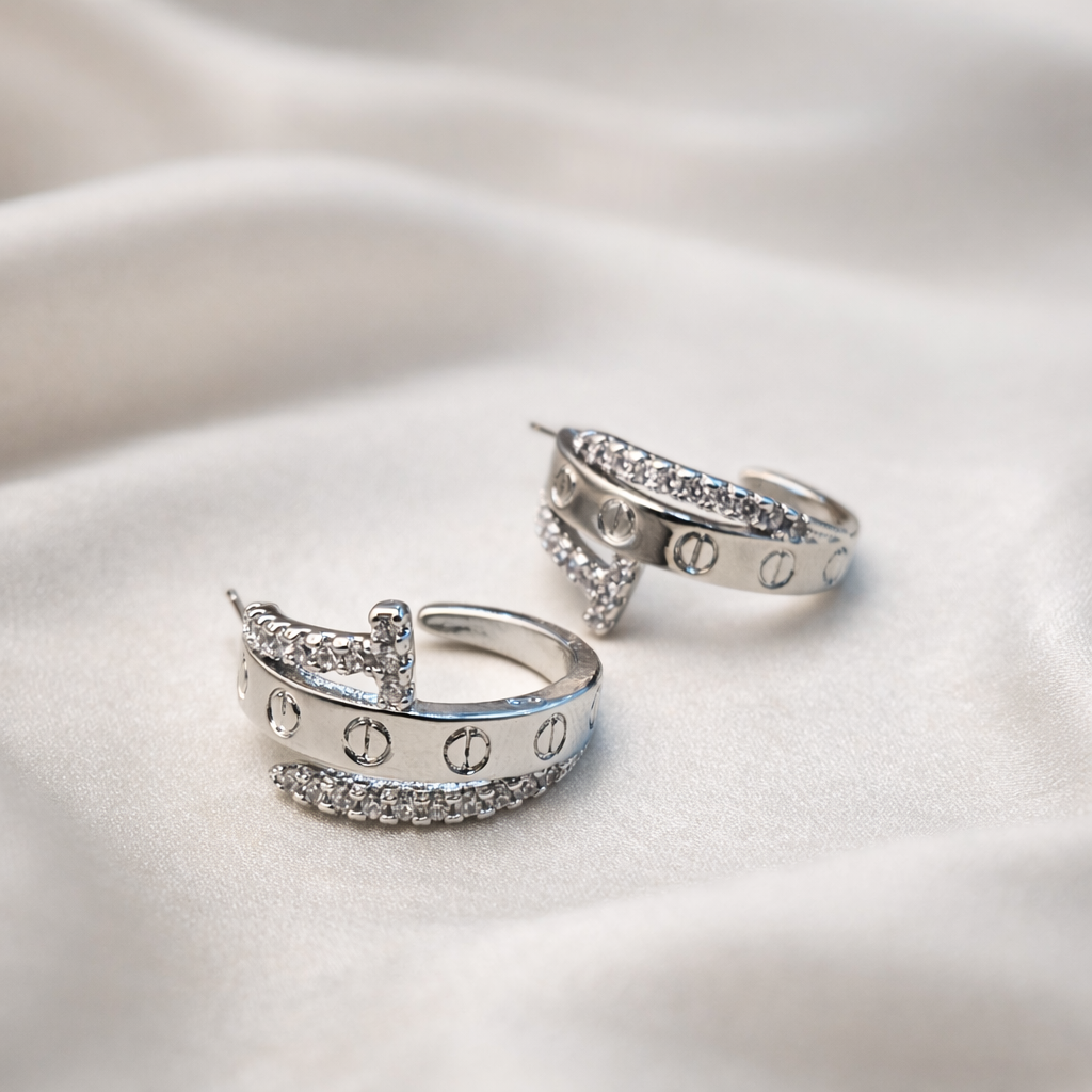 Iconic Pavé Inset Diamond Nail Silver Hoops