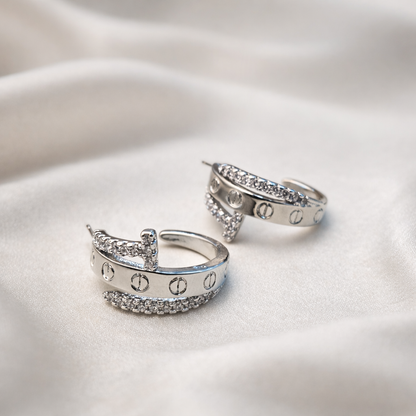 Iconic Pavé Inset Diamond Nail Silver Hoops