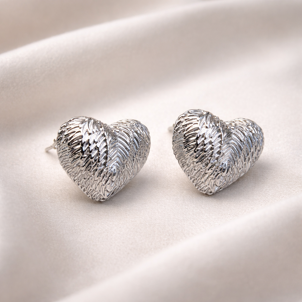 Luxe Ribbed Heart Silver Stud Earrings