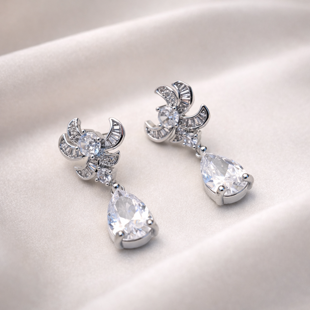 Celestial  Zirconia Teardrop Bloom Silver Earrings