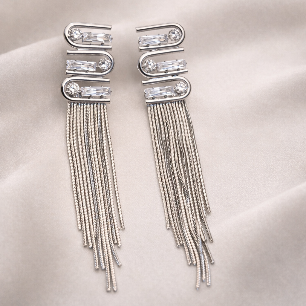 Glacier Baguette Silver Tassel Earrings
