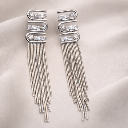 Glacier Baguette Silver Tassel Earrings