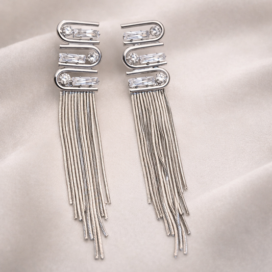 Glacier Baguette Silver Tassel Earrings