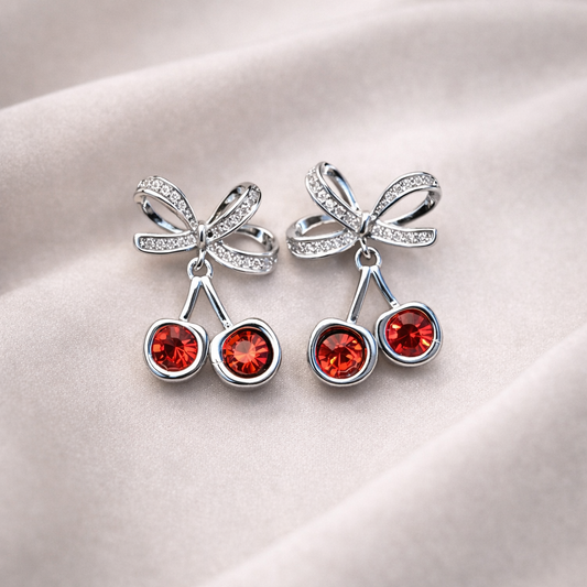 Silver Bowknot Cherry Stud Earrings