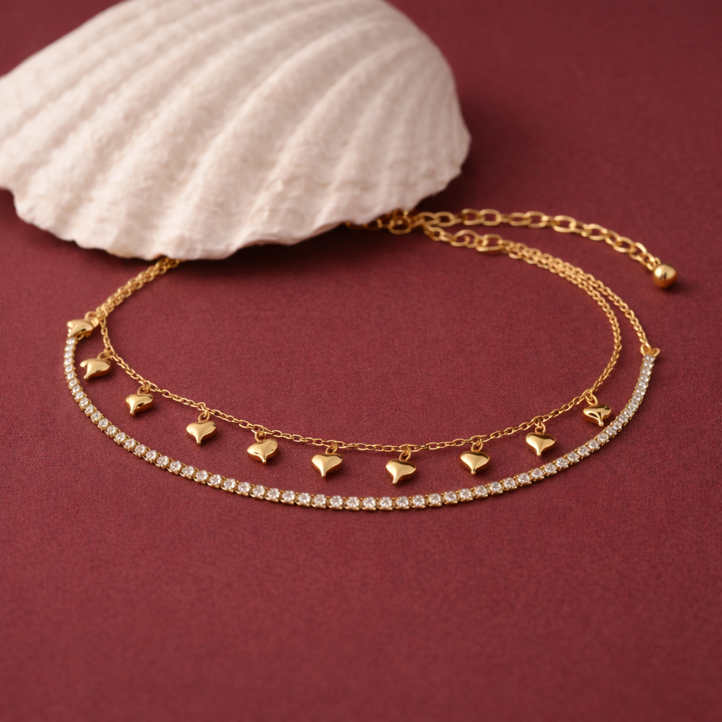 Golden Zirconia Chain with Heart Charm Anklet