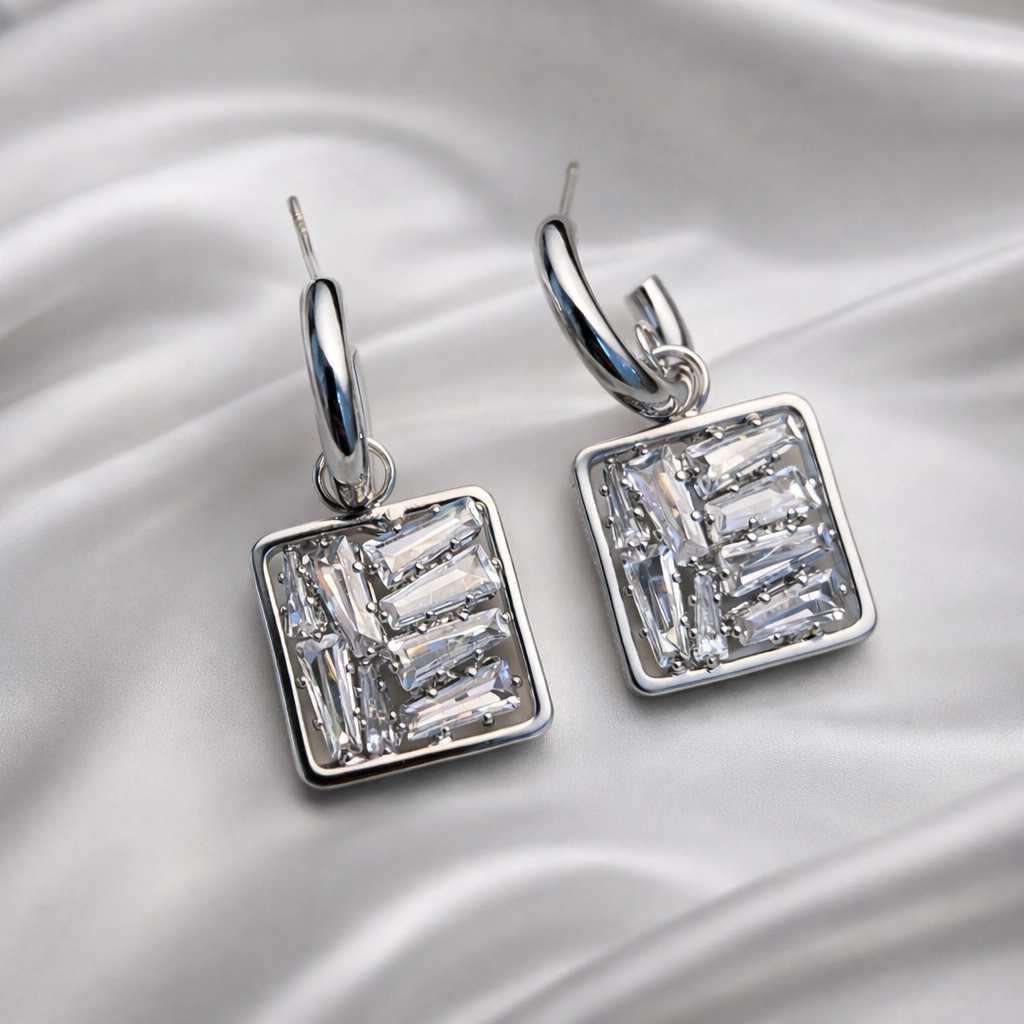 Baguette Crystal Square Silver Hoop Earrings
