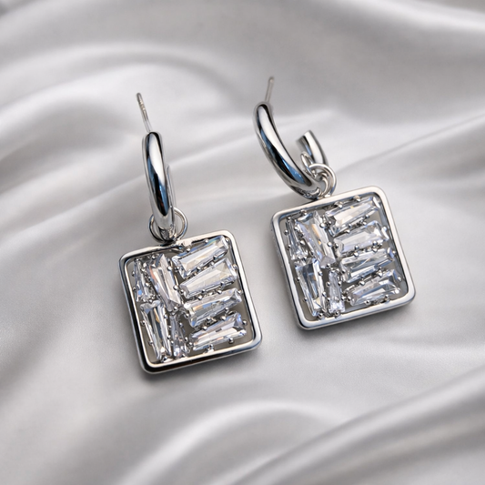 Baguette Crystal Square Silver Hoop Earrings