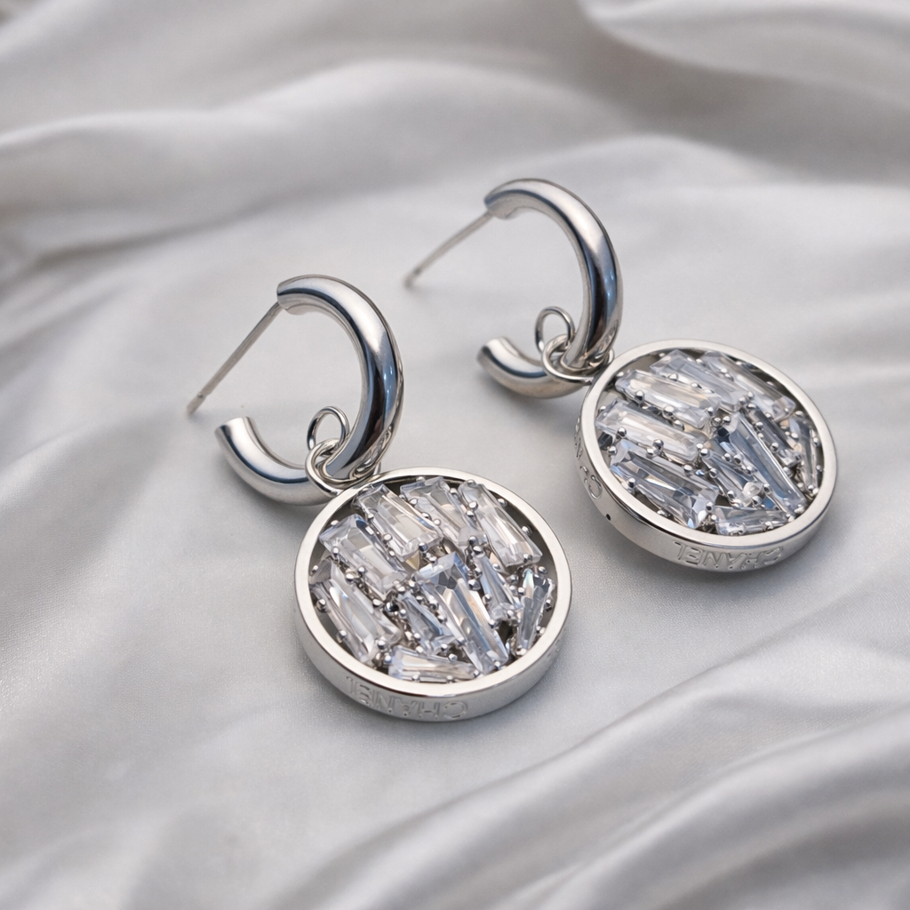 Pave Crystal Circle Silver Drop Earrings