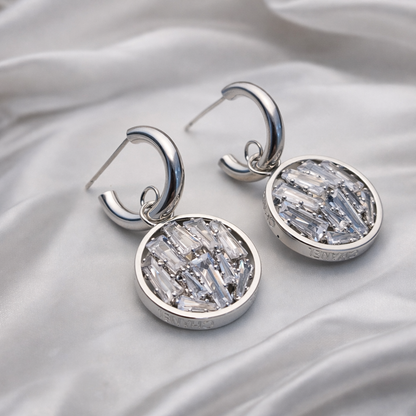 Pave Crystal Circle Silver Drop Earrings
