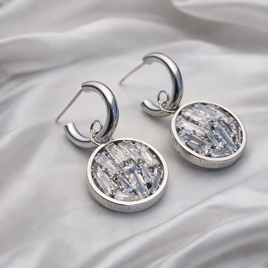Pave Crystal Circle Silver Drop Earrings