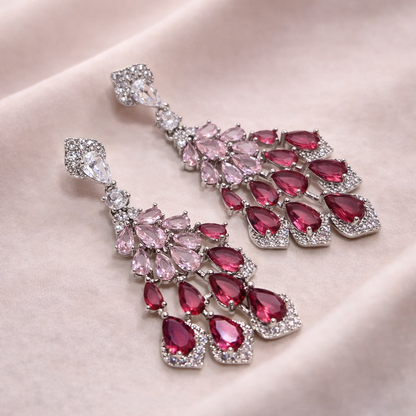Cascading Pink Crystal Drop Silver Earrings