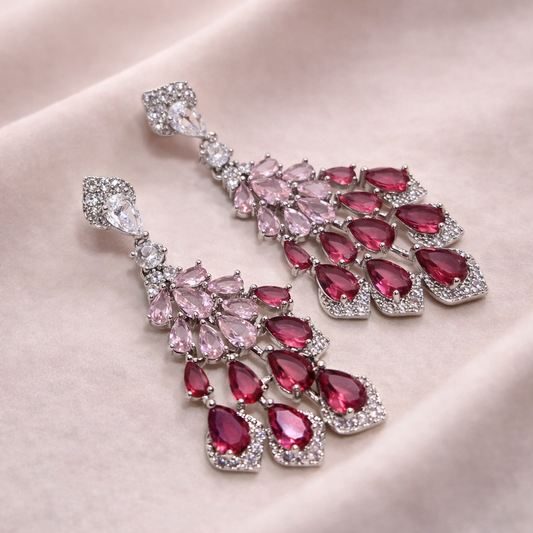 Cascading Pink Crystal Drop Silver Earrings