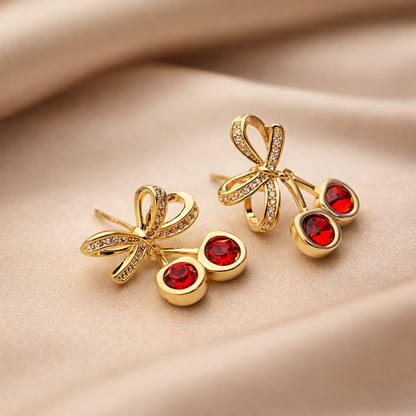 Cherry Blossom Gold Studs with Ruby Red Crystals