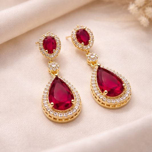 Ruby Crimson Pear Halo Drop Earrings
