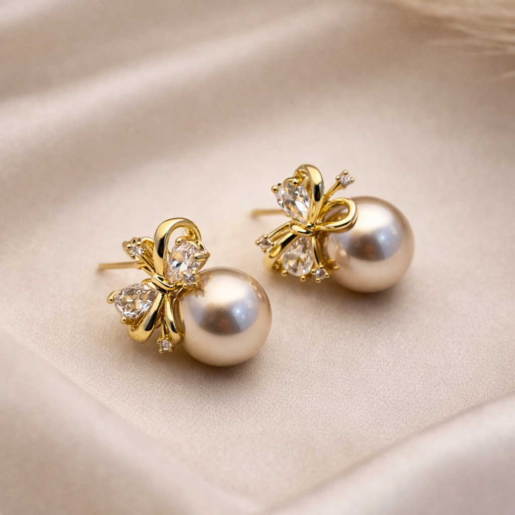 Gold Bow Pearl Stud Earrings