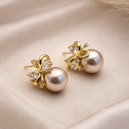 Gold Bow Pearl Stud Earrings