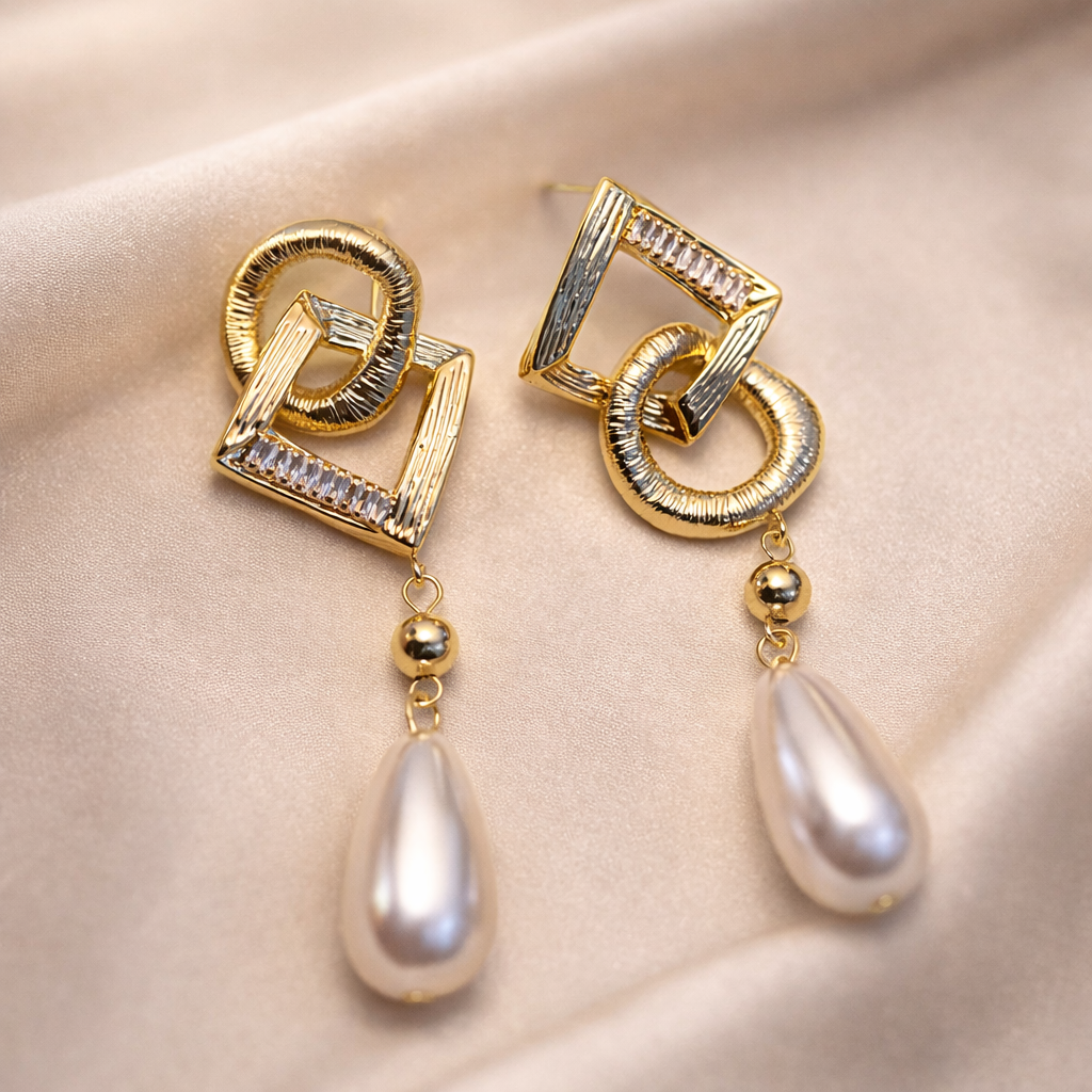 Geometric Gold Linked Drop Earrings with Teardrop Pearl