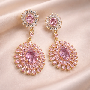 Pink Crystal Sunburst Tiered Dangle Earrings