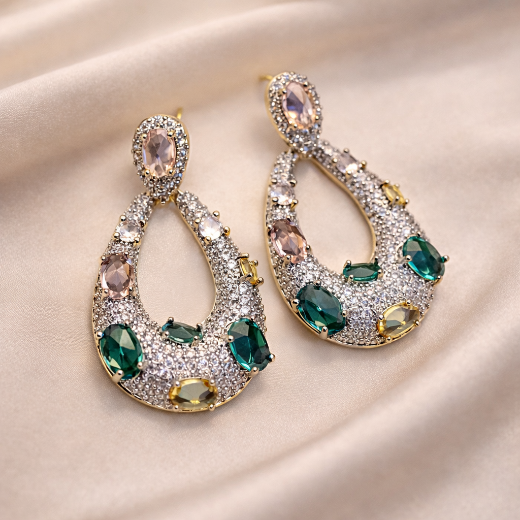 Multi-Color Gemstone Pavé Teardrop Dangle Earrings