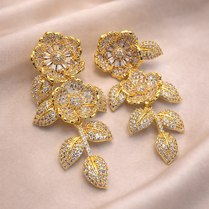 Gold Pave Crystal Flower Dangle Earrings