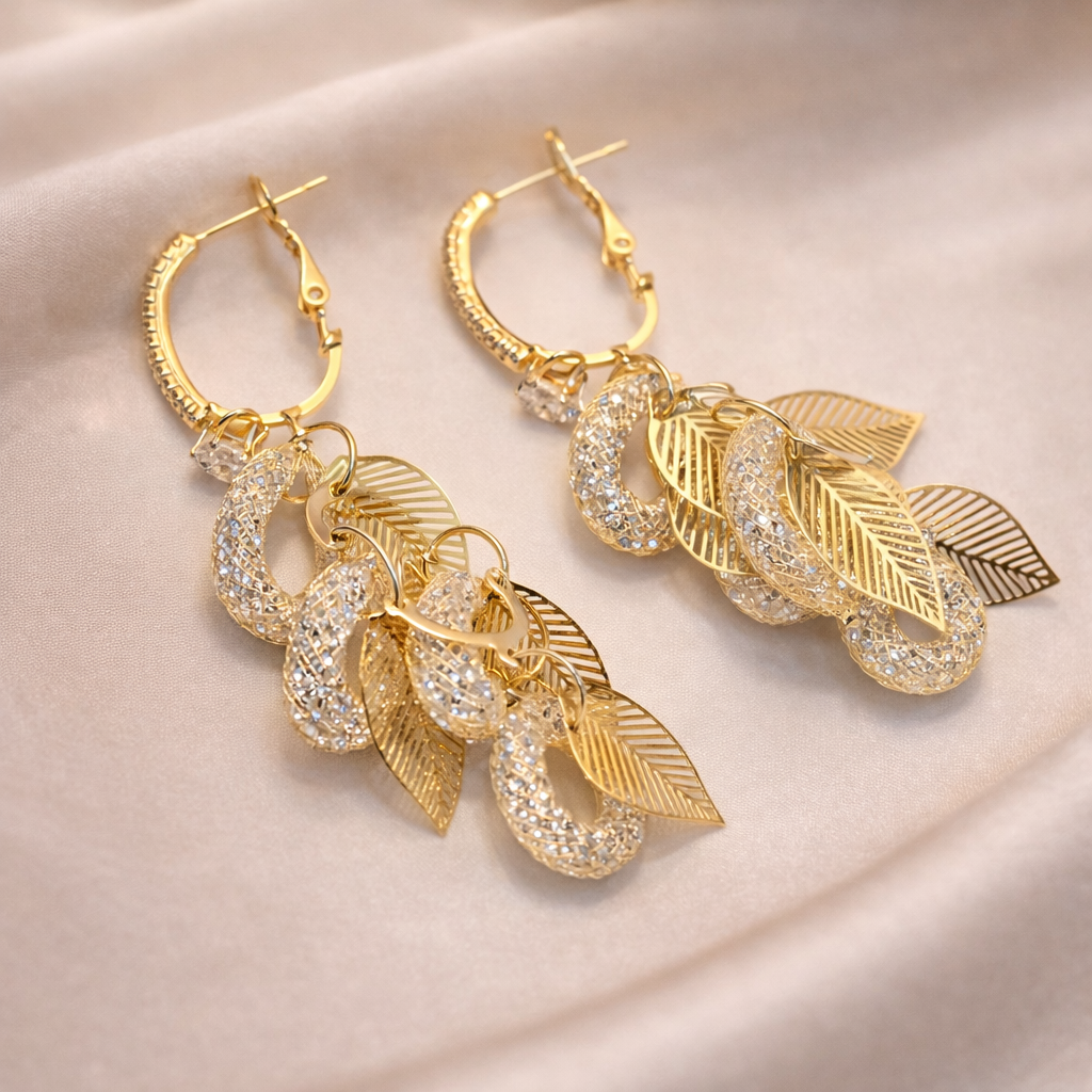 Gold Leaf Filigree Mesh Dangle Earrings