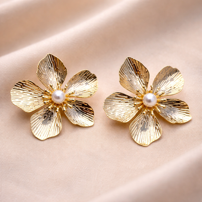 Golden Flower Pearl Earrings