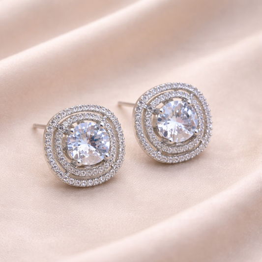 Silver Cubic Zirconia Halo Stud Earrings