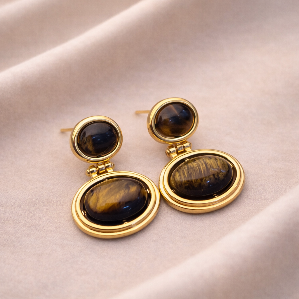 Modern Retro Geometric Earth Stone Gold Plated Earrings