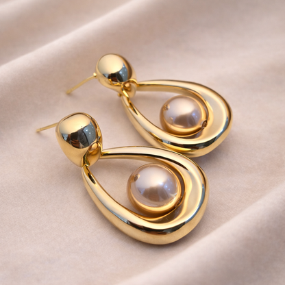 Abstract Gold Loop & Pearl Earrings