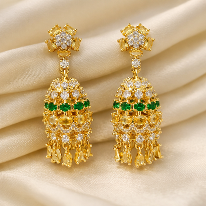 Yellow Sapphire and Emerald studded Gold plated Jhumkis