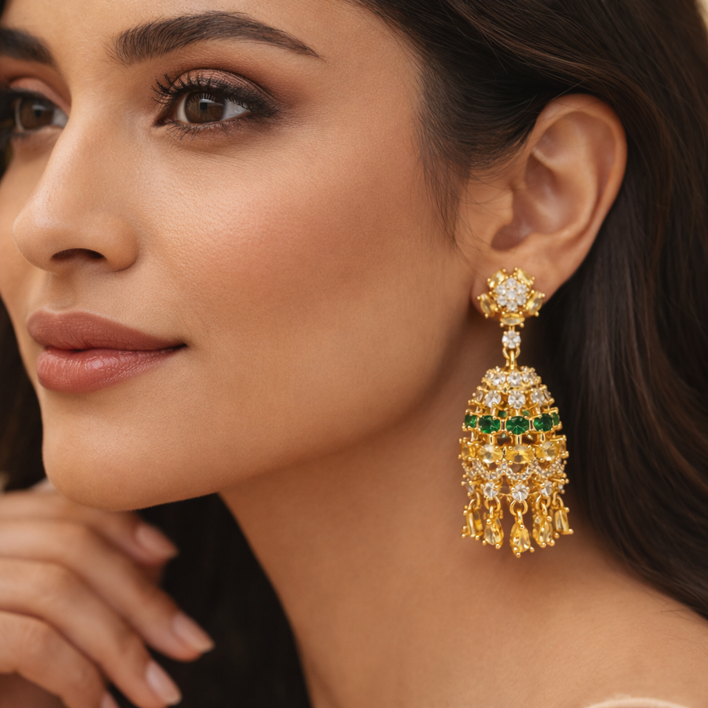 Yellow Sapphire and Emerald studded Gold plated Jhumkis