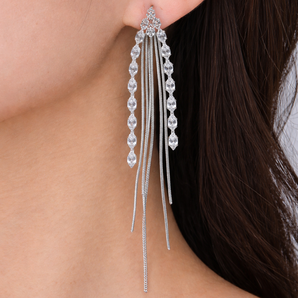 Silver Diamond Studded Tassel Earrings