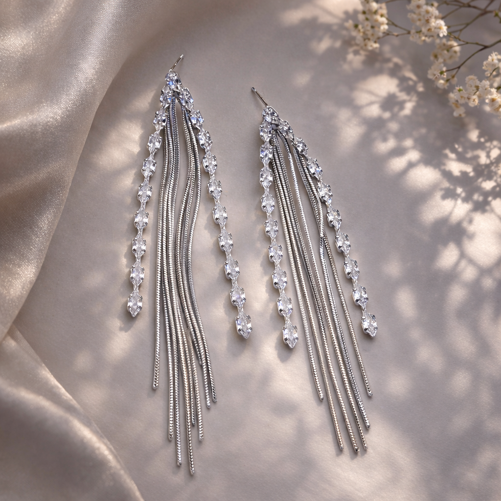 Silver Diamond Studded Tassel Earrings