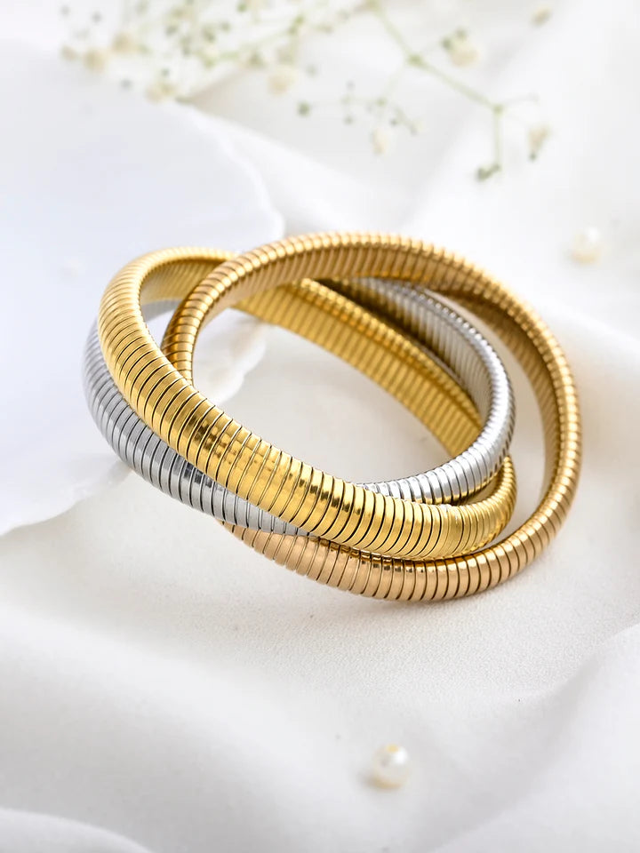 Elegant set of gold, silver and rose gold plated bangles for women, versatile statement jewelry perfect for daily wear and parties.