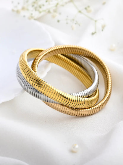 Elegant set of gold, silver and rose gold plated bangles for women, versatile statement jewelry perfect for daily wear and parties.