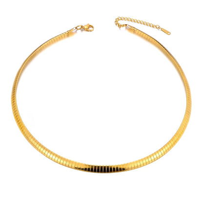 Elegant gold choker necklace with sleek flat design and adjustable chain clasp.
