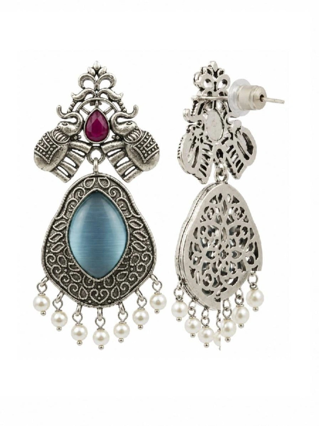 Front and back view of oxidised silver teardrop earring showing filigree reverse and butterfly stud closure