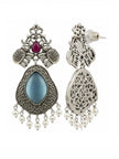 Front and back view of oxidised silver teardrop earring showing filigree reverse and butterfly stud closure