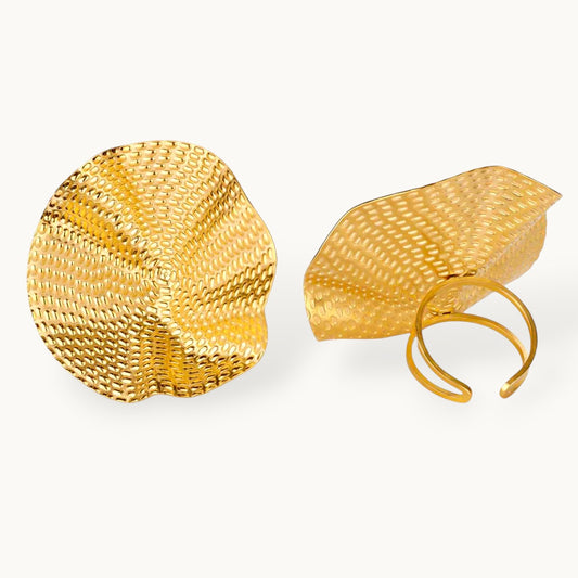 Artisanal Ruffled Edge Textured Gold Plated Statement Ring