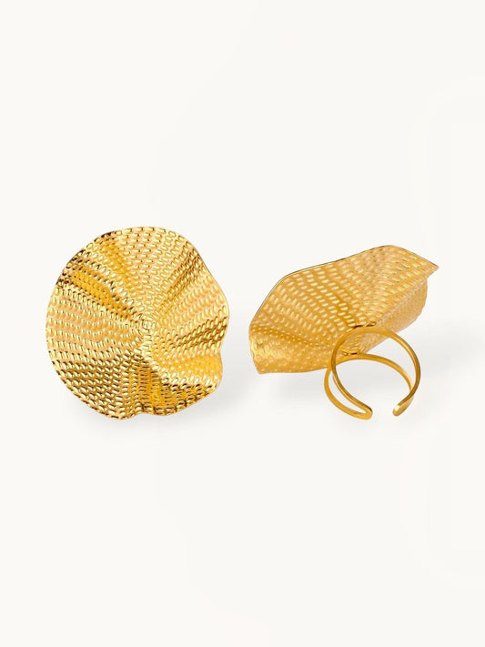 Artisanal Ruffled Edge Textured Gold Plated Statement Ring
