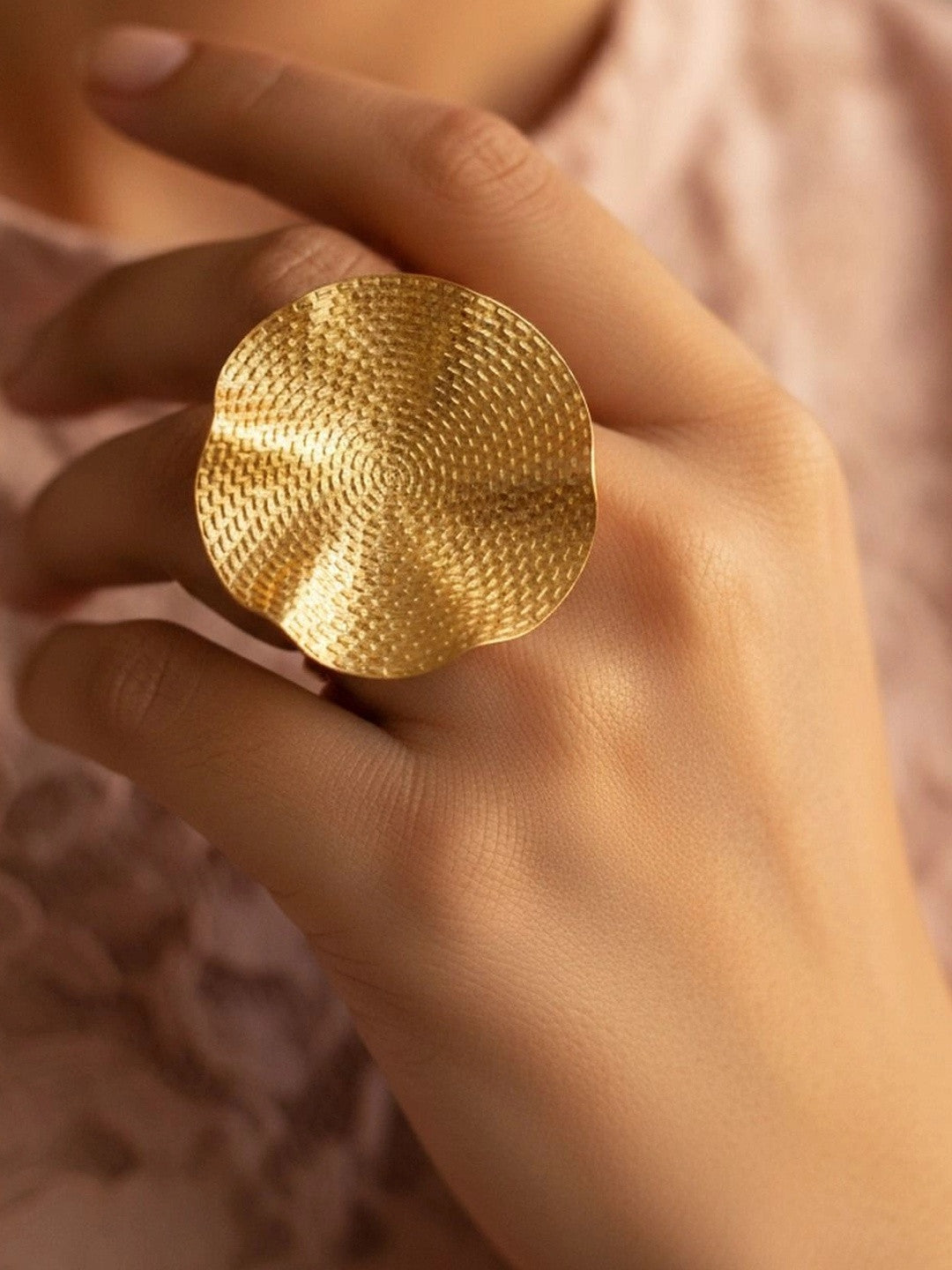 Artisanal Ruffled Edge Textured Gold Plated Statement Ring