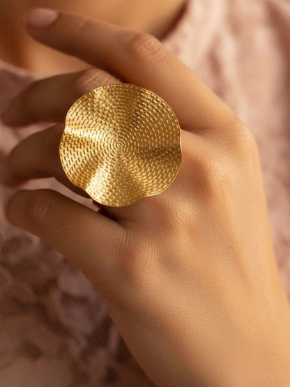 Artisanal Ruffled Edge Textured Gold Plated Statement Ring