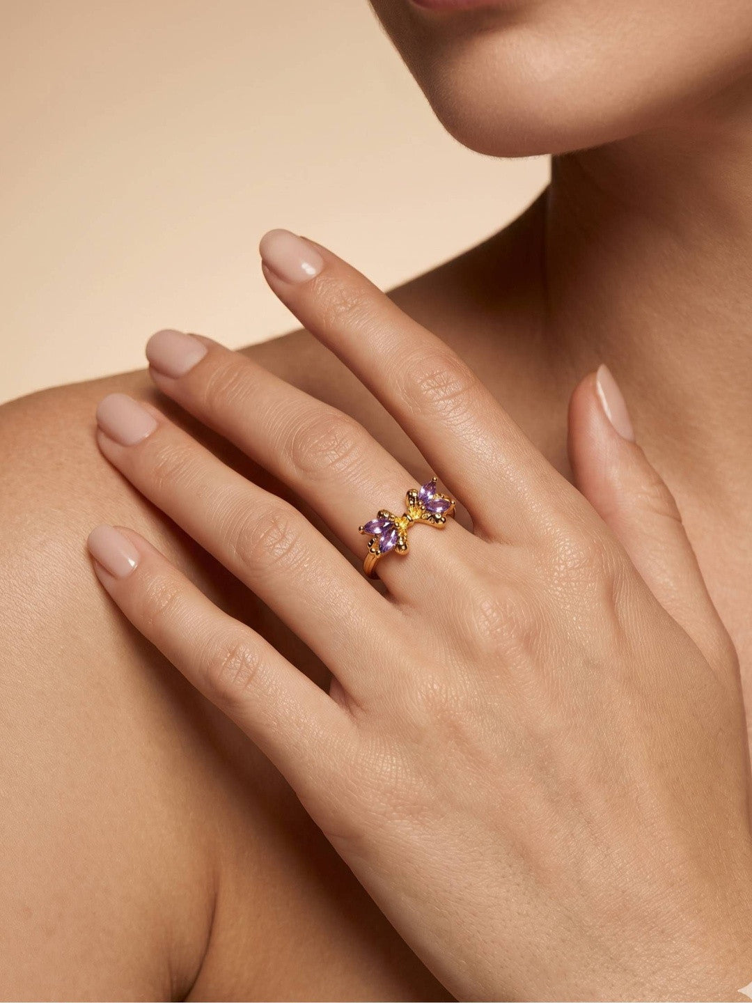 Amethyst Marquis Adjustable Gold Bow Ring