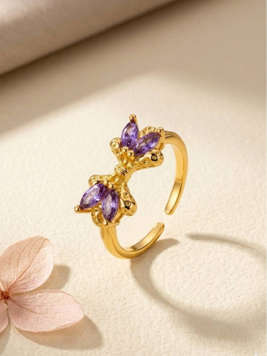 Amethyst Marquis Adjustable Gold Bow Ring