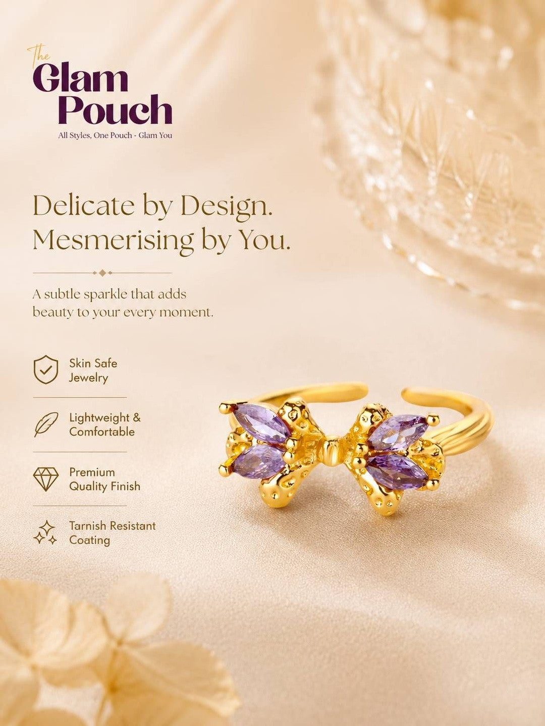 Amethyst Marquis Adjustable Gold Bow Ring