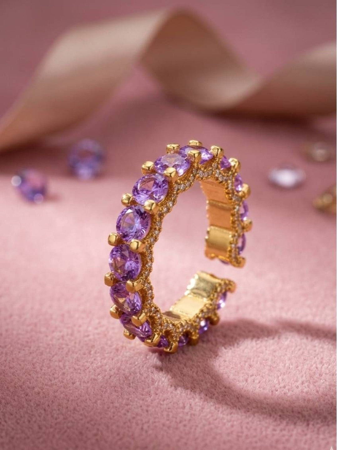 Luxe Amethyst Round Eternity Stackable Gold Band Ring